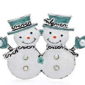 HAPPY CHRISTMAS SNOWMEN IN WHITE ENAMEL BROOCH